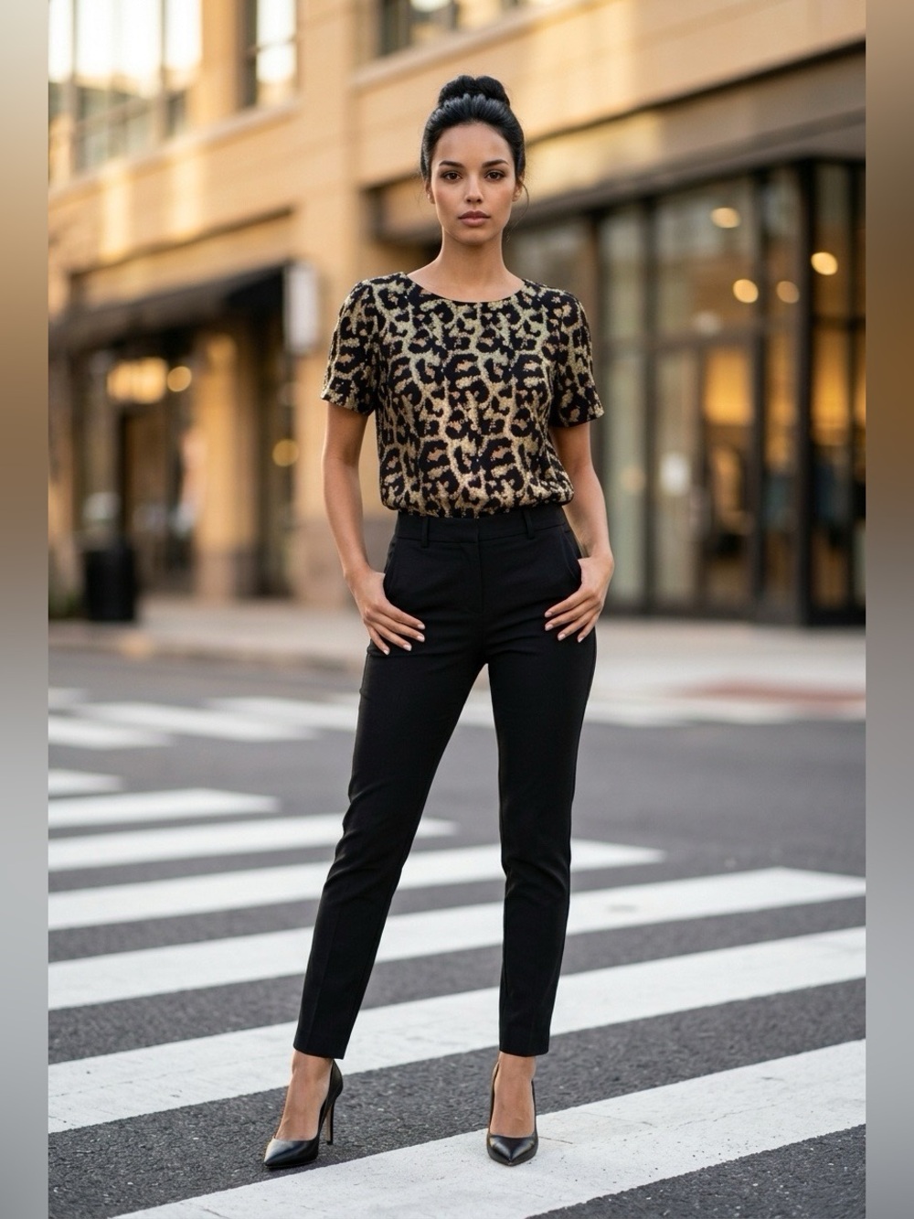 Hutch Leopard Woven Brocade Jacquard Pattern Short-Sleeve Blouse BlackTan combo